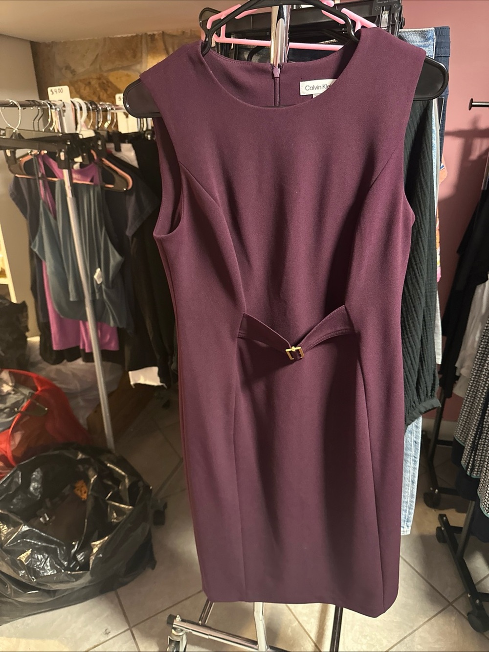 Calvin Klein Deep Plum Sleeveless Sheath Dress with Waist Bow